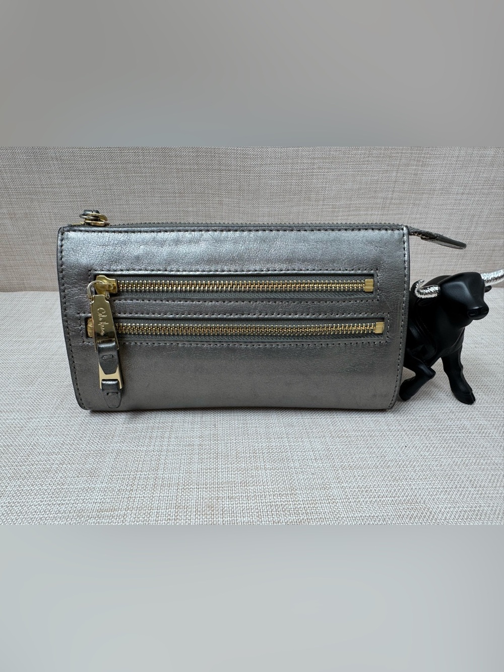 Cole Haan Metallic Gray Leather Zip Card & Key Holder